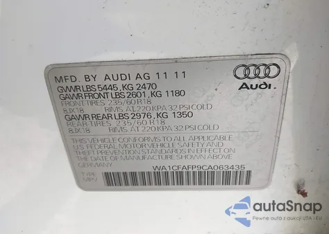 2012 Audi Q5 2.0T Premium z USA, uszkodzony, nr VIN WA1CFAFP9CA063435
